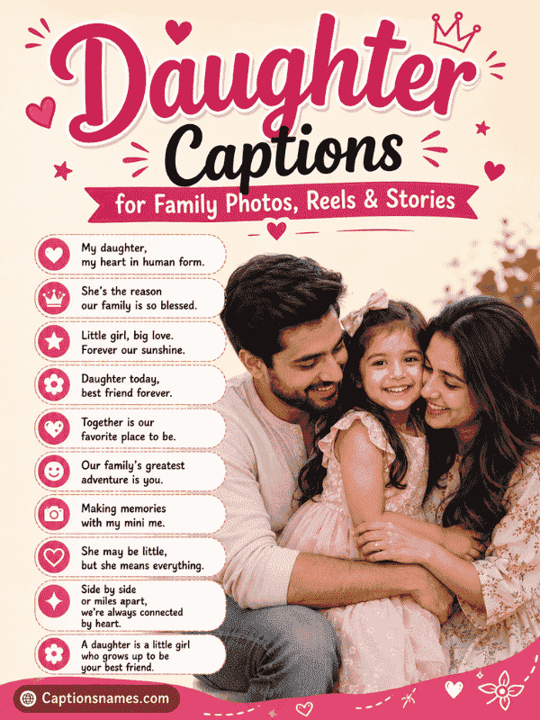 Daughter Captions for Family Photos, Reels & Stories